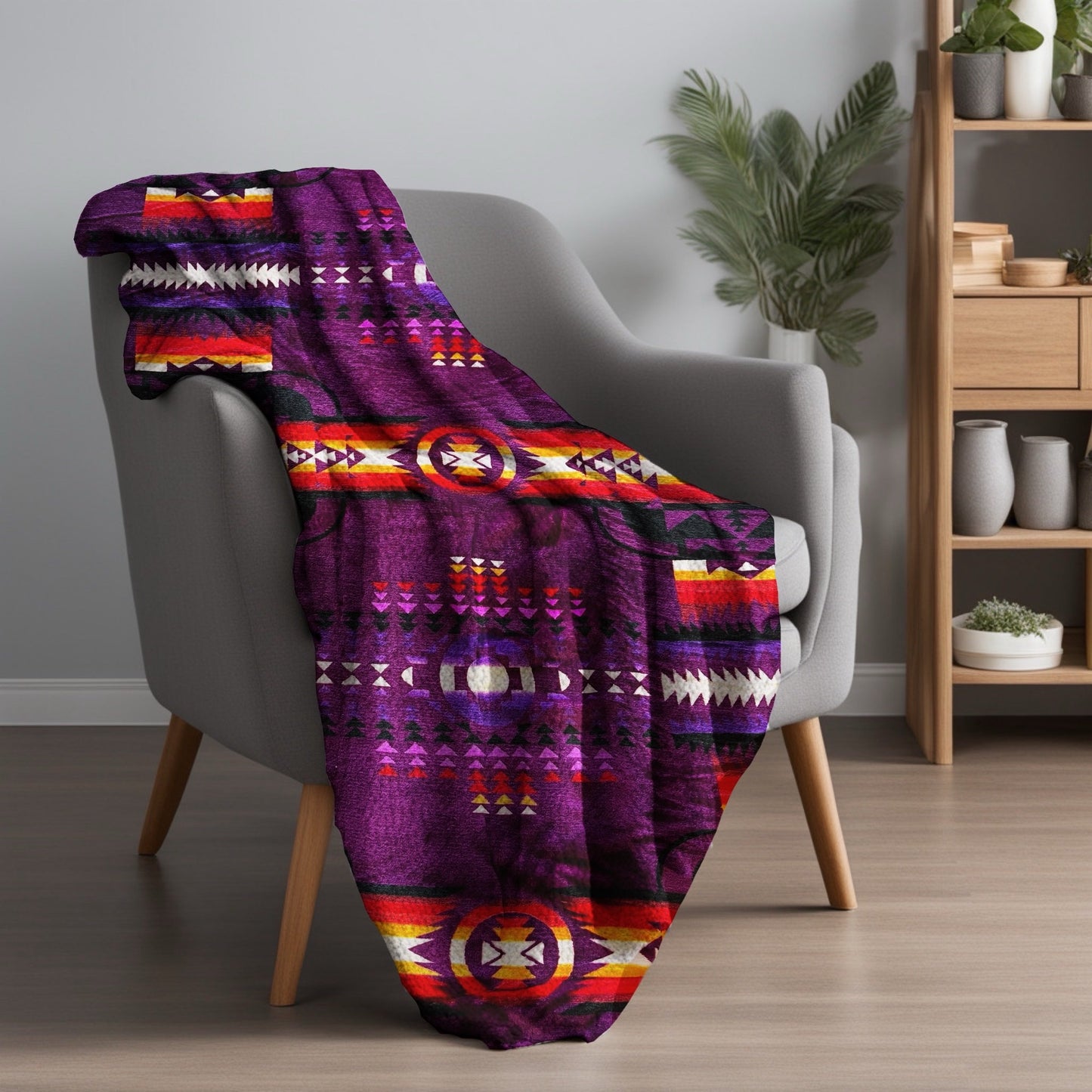 Sacred Thread Sherpa Fleece Blanket, Southwestern Aztec Queen Blanket, Native American Throw Blanket for Sofa & Bed, Choose from 10 Colors and 4 Sizes