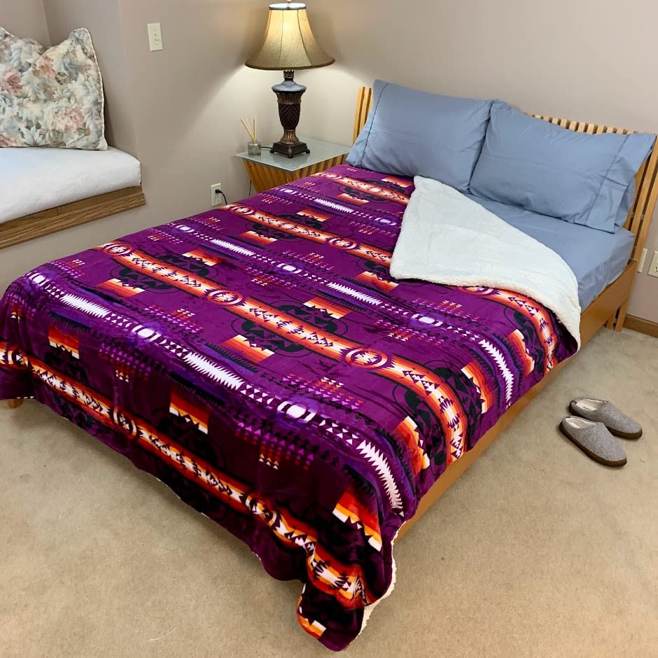 Sacred Thread Sherpa Fleece Blanket, Southwestern Aztec Queen Blanket, Native American Throw Blanket for Sofa & Bed, Choose from 10 Colors and 4 Sizes