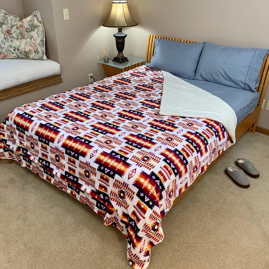 Sacred Thread Sherpa Fleece Blanket, Southwestern Aztec Queen Blanket, Native American Throw Blanket for Sofa & Bed, Choose from 10 Colors and 4 Sizes