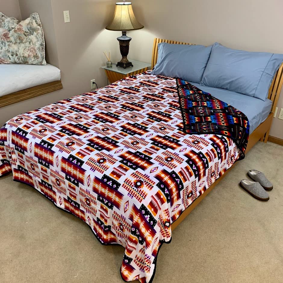 Sacred Thread Sherpa Fleece Blanket, Southwestern Aztec Queen Blanket, Native American Throw Blanket for Sofa & Bed, Choose from 10 Colors and 4 Sizes
