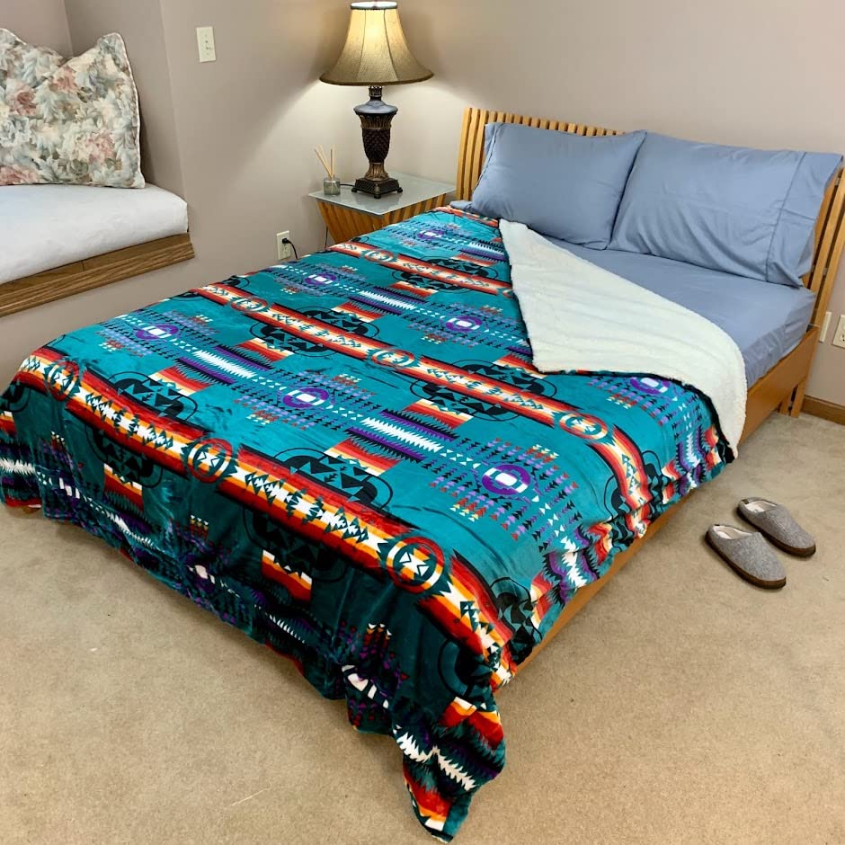 Sacred Thread Sherpa Fleece Blanket, Southwestern Aztec Queen Blanket, Native American Throw Blanket for Sofa & Bed, Choose from 10 Colors and 4 Sizes