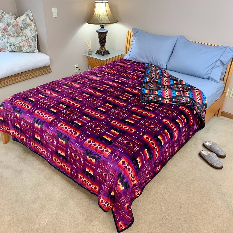 Sacred Thread Sherpa Fleece Blanket, Southwestern Aztec Queen Blanket, Native American Throw Blanket for Sofa & Bed, Choose from 10 Colors and 4 Sizes