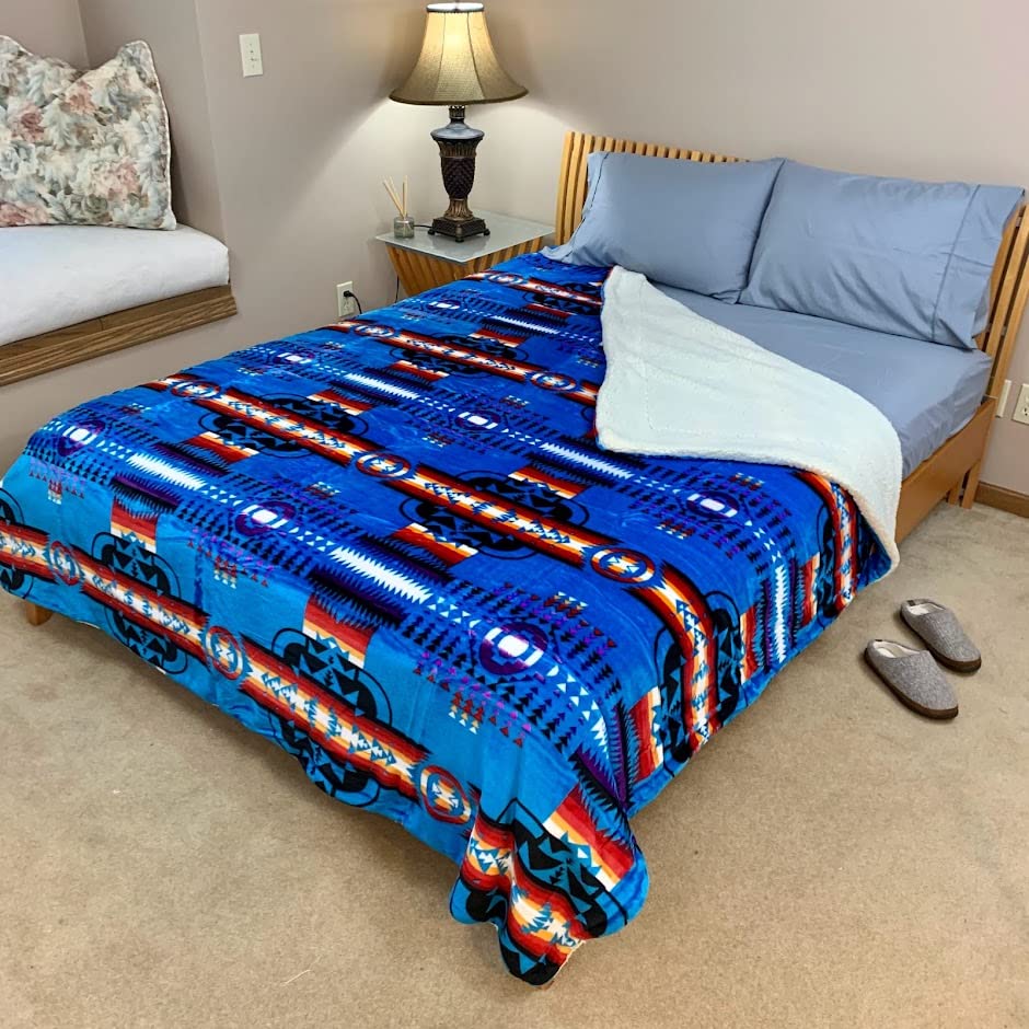 Sacred Thread Sherpa Fleece Blanket, Southwestern Aztec Queen Blanket, Native American Throw Blanket for Sofa & Bed, Choose from 10 Colors and 4 Sizes