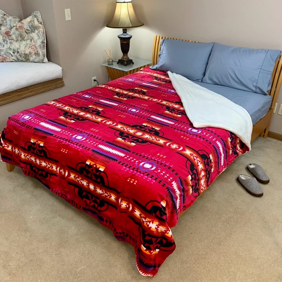 Sacred Thread Sherpa Fleece Blanket, Southwestern Aztec Queen Blanket, Native American Throw Blanket for Sofa & Bed, Choose from 10 Colors and 4 Sizes