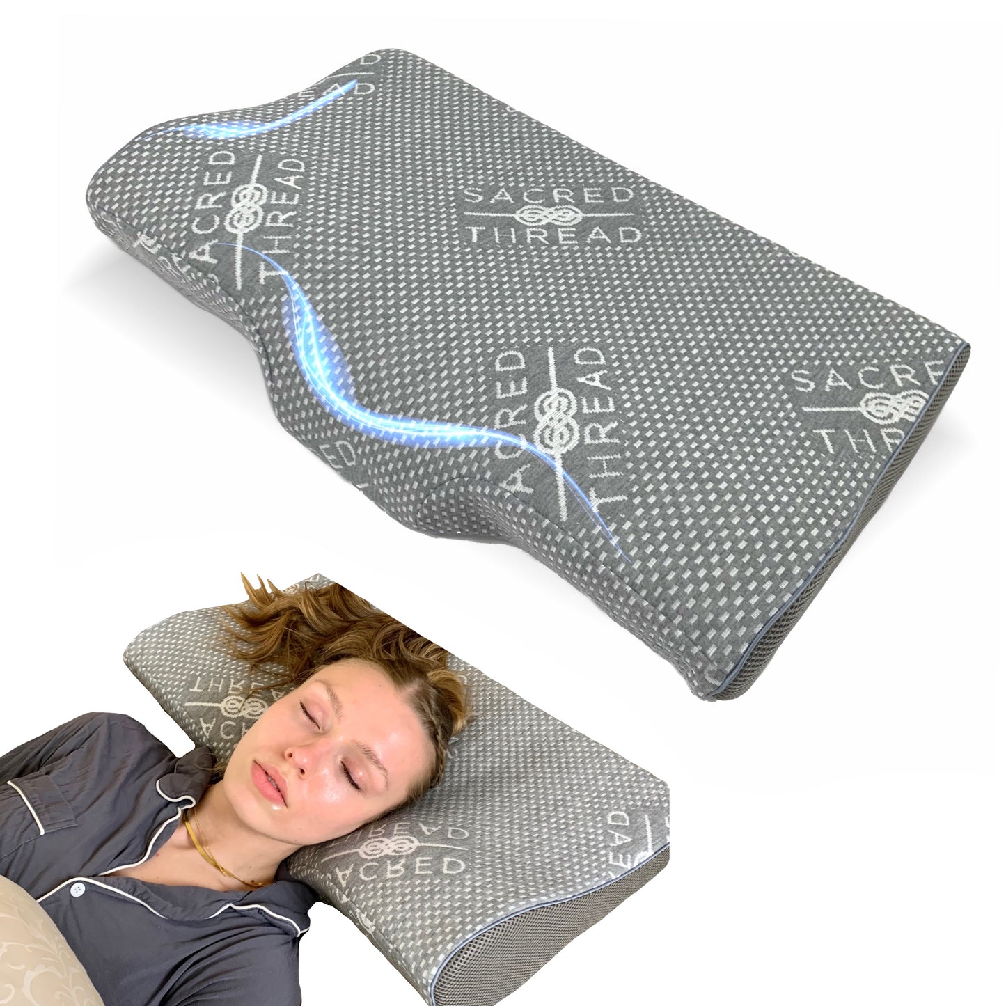 Sacred Thread Contour Memory Foam Pillow, for Neck Pain, Orthopedic Pillow with Cooling Cover, Great for Side Sleepers, Back and Stomach Sleepers