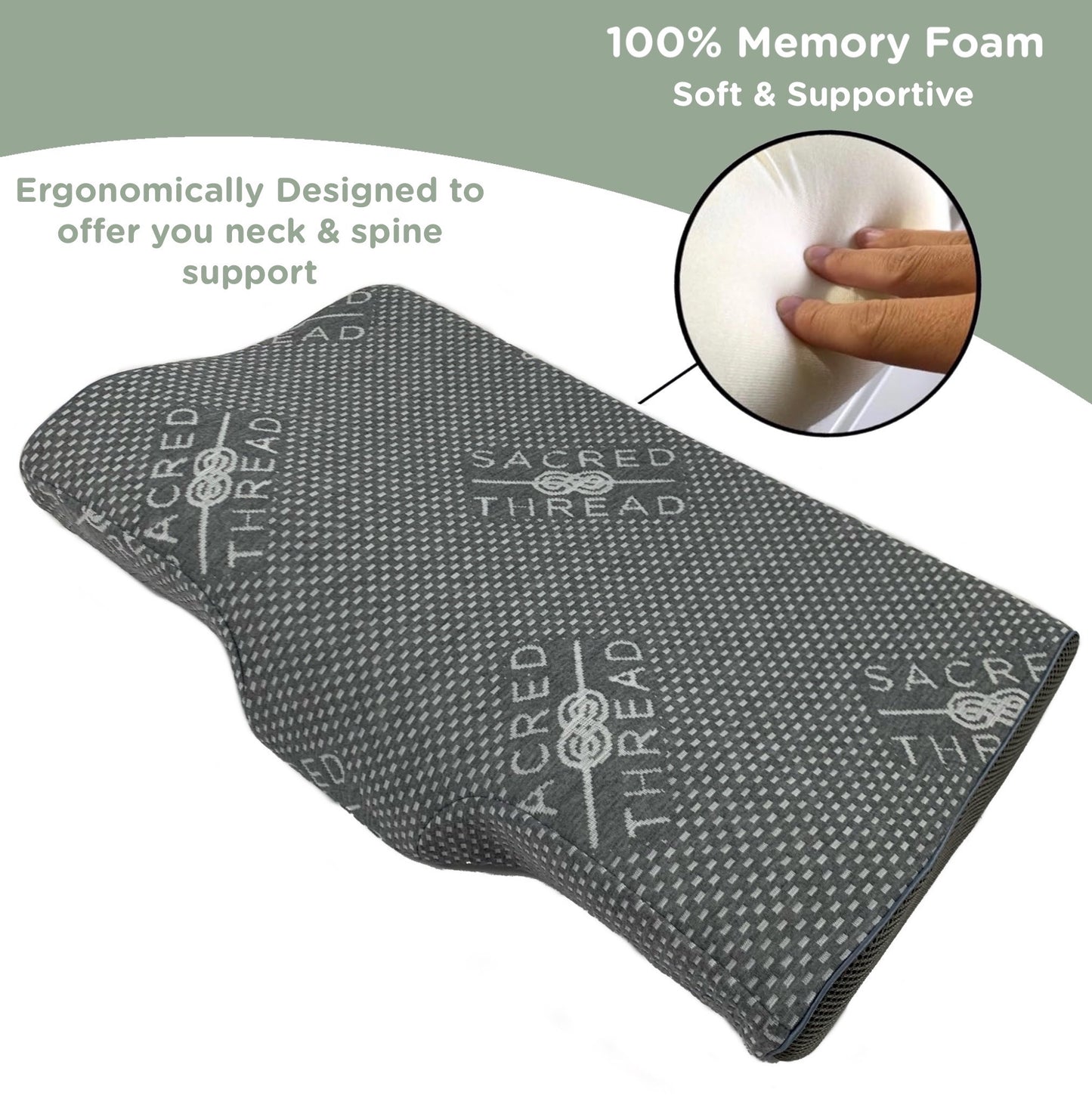 Sacred Thread Contour Memory Foam Pillow, for Neck Pain, Orthopedic Pillow with Cooling Cover, Great for Side Sleepers, Back and Stomach Sleepers