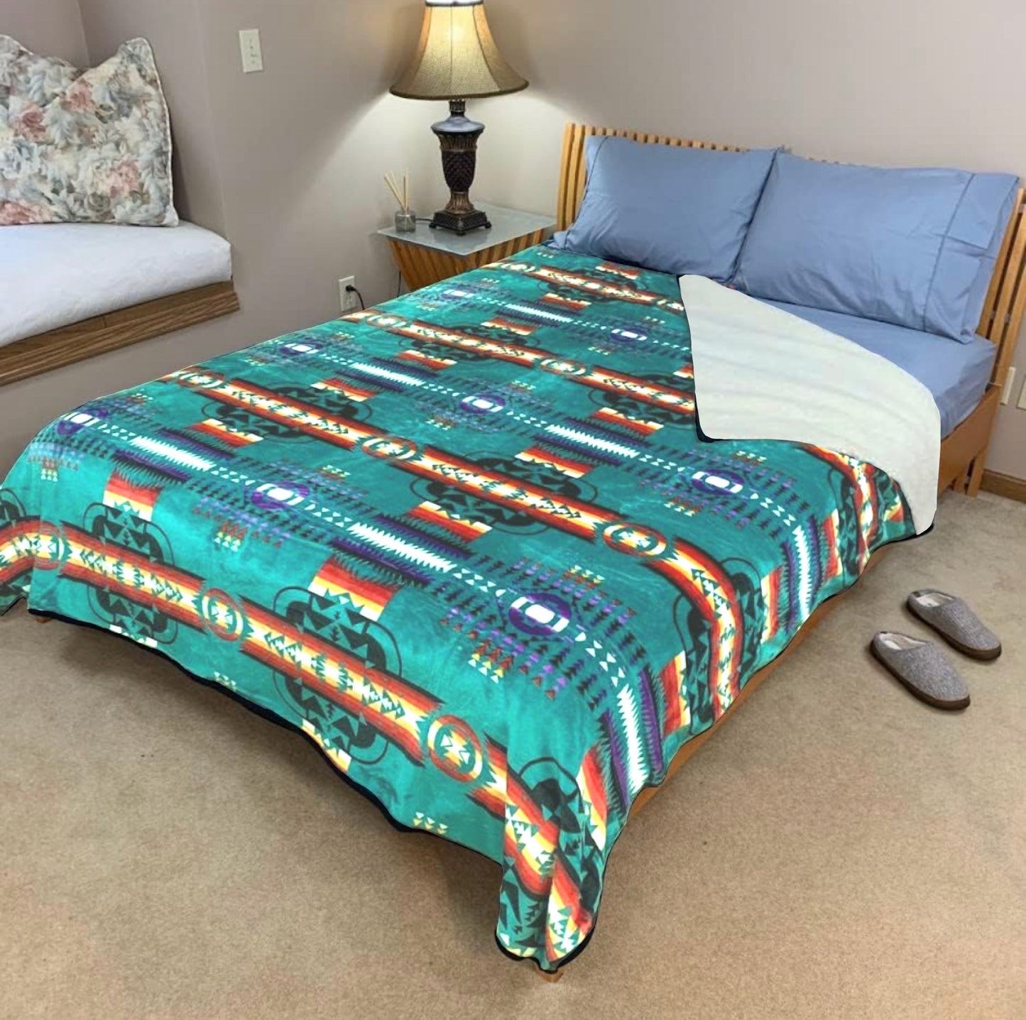 Sacred Thread Sherpa Fleece Blanket, Southwestern Aztec Queen Blanket, Native American Throw Blanket for Sofa & Bed, Choose from 10 Colors and 4 Sizes