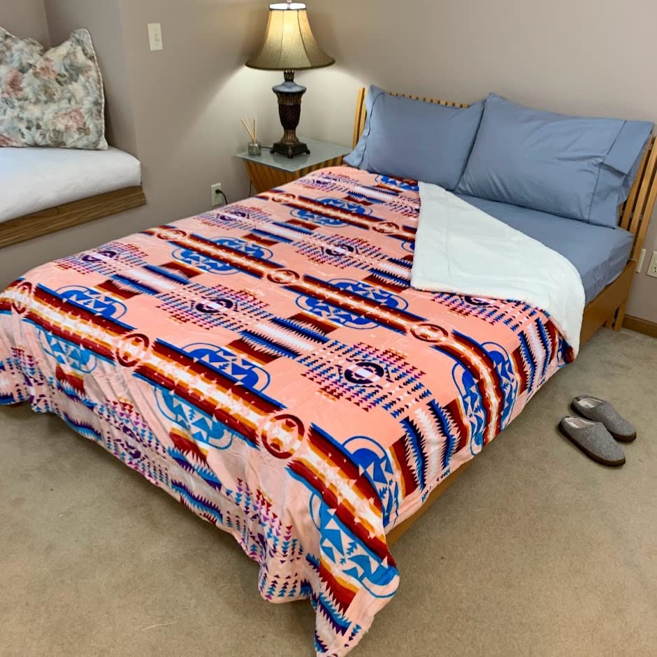 Sacred Thread Sherpa Fleece Blanket, Southwestern Aztec Queen Blanket, Native American Throw Blanket for Sofa & Bed, Choose from 10 Colors and 4 Sizes
