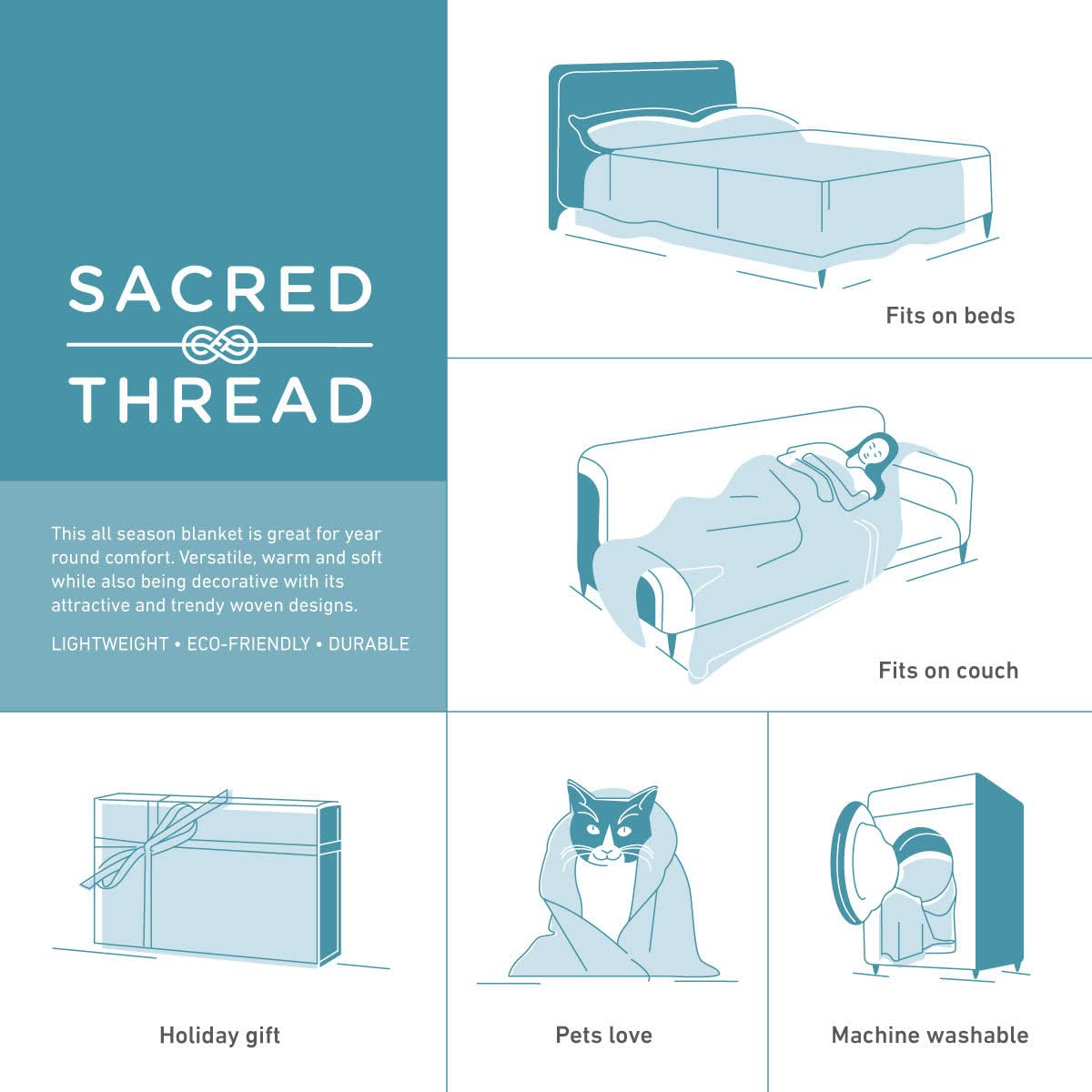 Sacred Thread Sherpa Fleece Blanket, Super Fuzzy, Soft and Cozy Queen Blanket, Plush Throw Blanket for Sofa, Couch and Bed, Reversible Winter Blanket, 15+ Designs Available